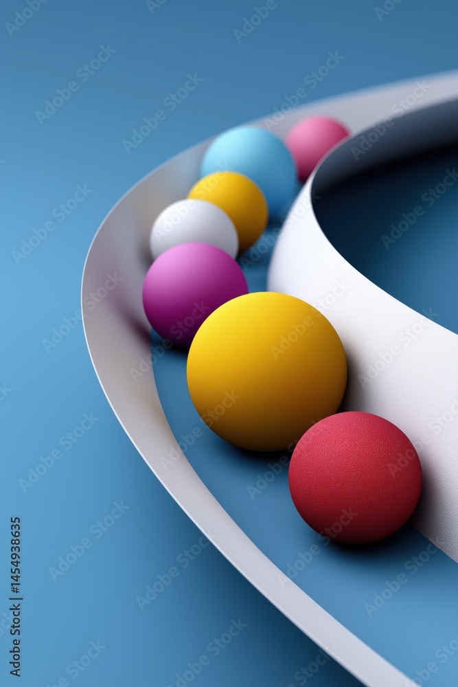 Poster a row of colorful balls on a blue background. the balls are of different colors and sizes, and they 