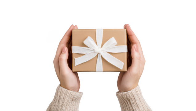 hands holding a gift box with a white ribbon bow, png, transparent