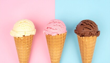 Delicious Ice Cream Cones Vanilla, Strawberry, Chocolate