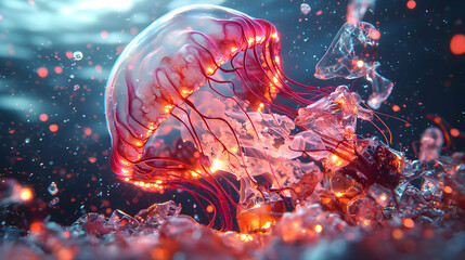 A luminous jellyfish swims through shimmering waters its vibrant colors glowing.  Perfect for underwater-themed art or educational materials. Use it as a captivating wallpaper.