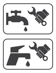 hand with wrench repair leak tap faucet icon