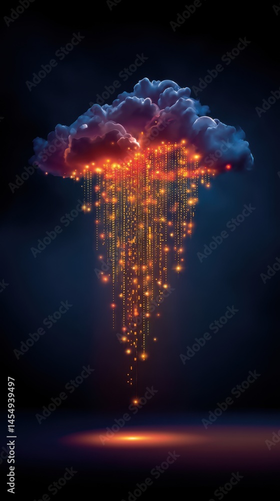 Poster conceptual depiction of cloud computing with stylized cloud and golden binary data streams represent