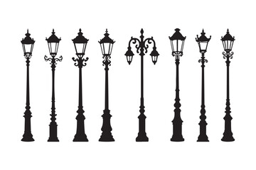 Vintage Street Lamp Post Silhouettes Collection Decorative Vector Set