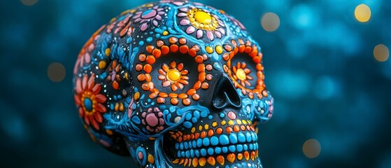 Decorated sugar skull exemplifies Day of the Dead artistry through vibrant floral patterns.
