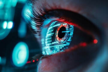 Close-up of human eye with futuristic digital interface
