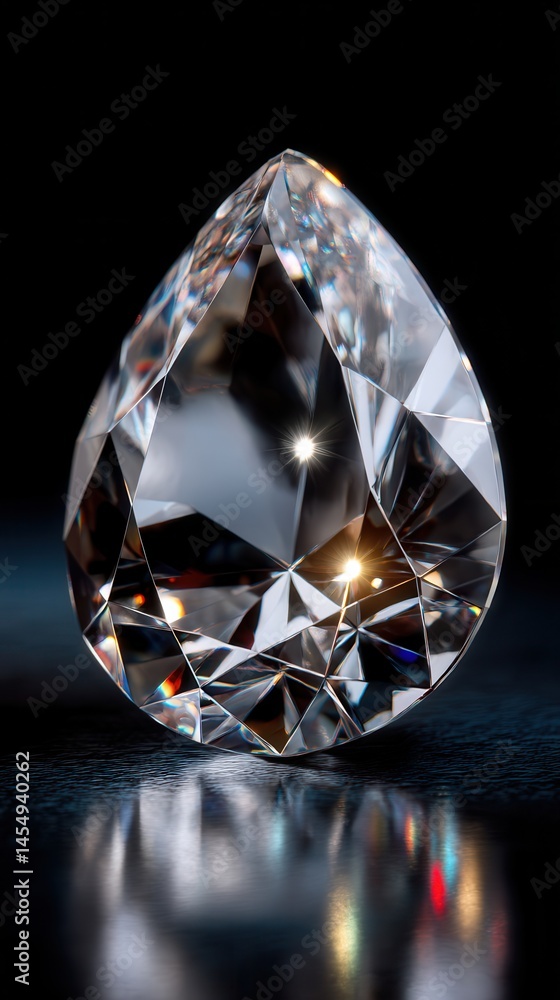 Poster close up studio shot of clear pear cut gemstone with multiple facets on dark textured background
