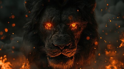 Fierce lion in fiery inferno