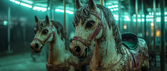 Carousel horses stand silently in eerie fog, showcasing dilapidated beauty hinting at forgotten joy, yet evoking somber nostalgia.