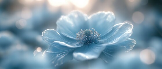 Blue anemone flower shows delicate petals and a soft focus, exuding a calming atmosphere.