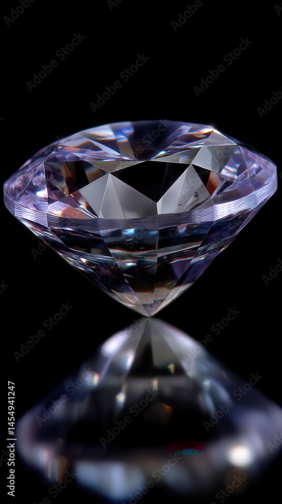 Poster close-up view of a facet cut crystal on a glossy black surface with a soft violet tone and shimmerin