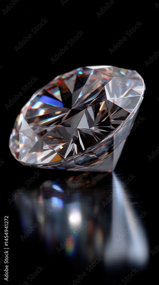 Aufkleber close-up of a sparkling round diamond gemstone on a dark reflective surface with its colorful reflec
