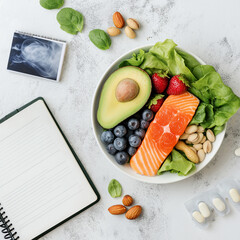 Flat lay of a pregnancy nutrition plan balanced plate with avocado, salmon, leafy greens, nuts, berries, and prenatal vitamins