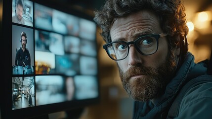 Focused monitor operator.  Multiple screens display various live video feeds