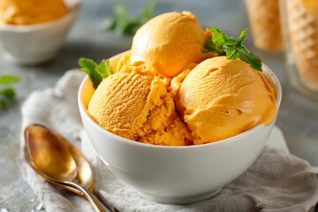 Bright and inviting bowls filled with creamy mango ice cream are garnished with fresh mint leaves. The sunny kitchen creates a cheerful atmosphere for enjoying this delightful treat