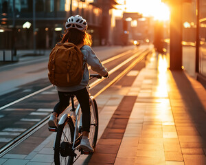 A person rides a bicycle with a backpack and helmet. It is a sunny day with a bright setting sun. This could be a bike commute to work or leisure.