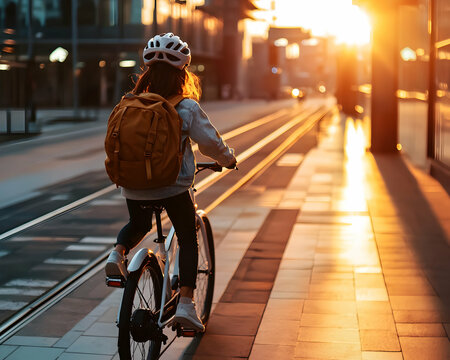 A person rides a bicycle with a backpack and helmet. It is a sunny day with a bright setting sun. This could be a bike commute to work or leisure.