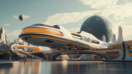 High tech spaceship docked at a cosmic station.