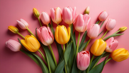 Obraz premium a vertical bright combination of pink and yellow tulips creatively framed within a pink cutout