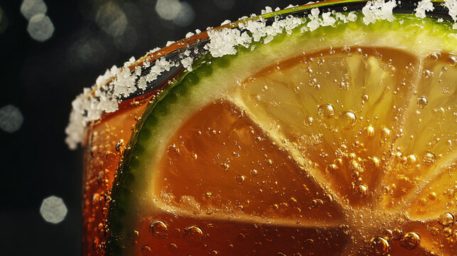 A close-up of a margarita cocktail with a salted rim and lime wedge.