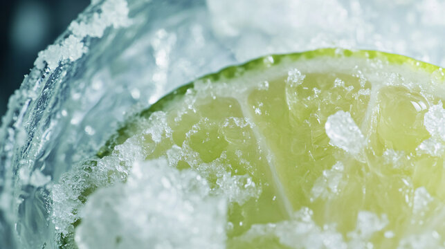 A close-up of a margarita cocktail with a salted rim and lime wedge.