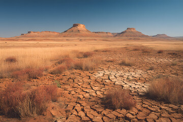 Fototapeta premium Cracked Earth and Distant Peaks: A vast, sun-drenched expanse of cracked earth stretches towards distant sandstone buttes, a testament to the harsh beauty of a dry, arid landscape. 