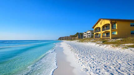 Idyllic beach resort with soft sands and sparkling ocean view.