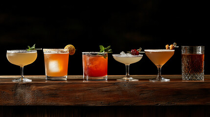 A collection of vibrant cocktails displayed on a rustic wooden bar.