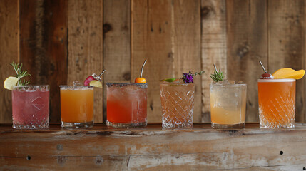 A collection of vibrant cocktails displayed on a rustic wooden bar.