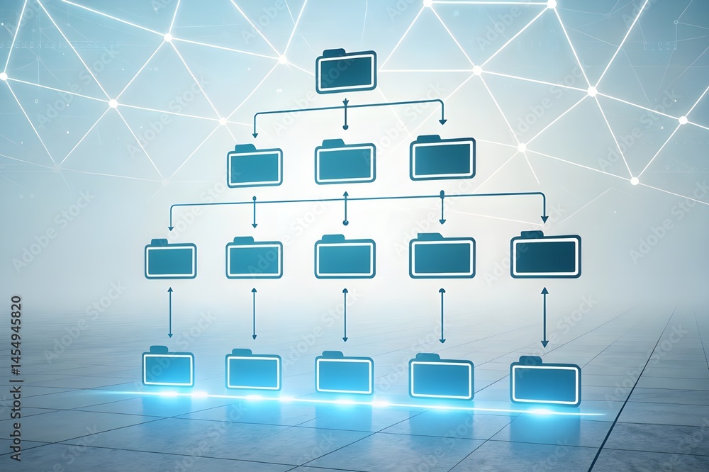 Poster digital network of folder icons depicting data organization and information flow