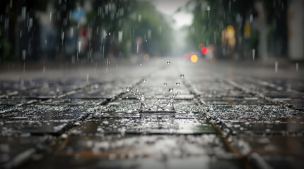 Rainy street scene on wet pavement in urban setting