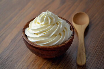Bowl of whipped cream with wooden spoon on table