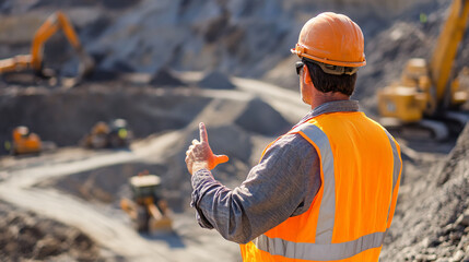 A construction foreman giving instructions in a gravel quarry.