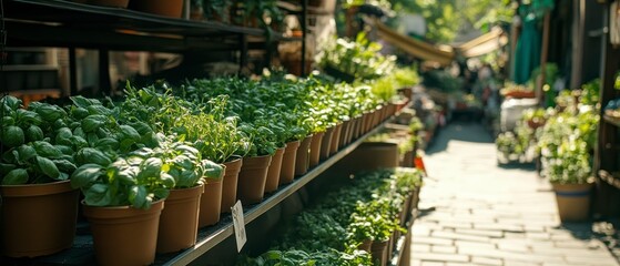 Plants display seedlings in clay pots, showing vibrant greenery at an outdoor market.