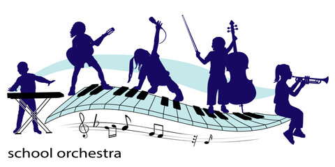 Children musicants silhouettes with music elements on white background. Vector illustration.	
