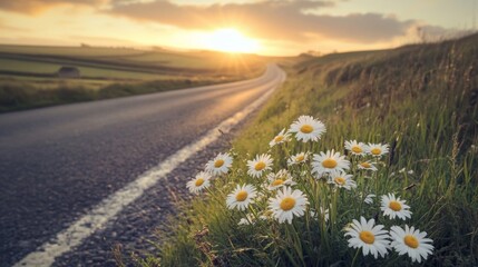 Country Road at Sunset with Daisies