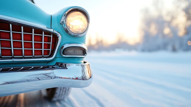 Fototapeta Teal Classic Car in Snowy Mountain Landscape