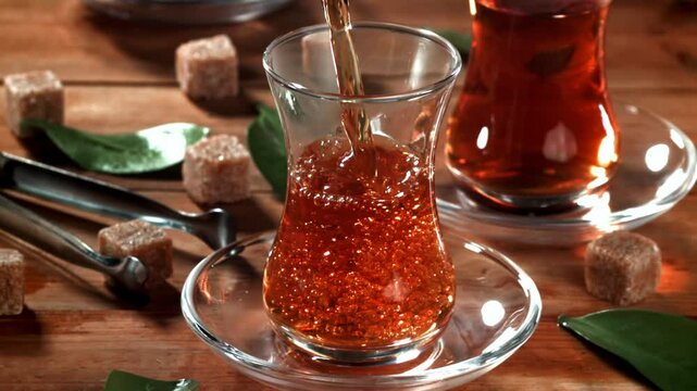 Turkish tea is poured into a glass. Filmed on a high-speed camera at 1000 fps. High quality FullHD footage
