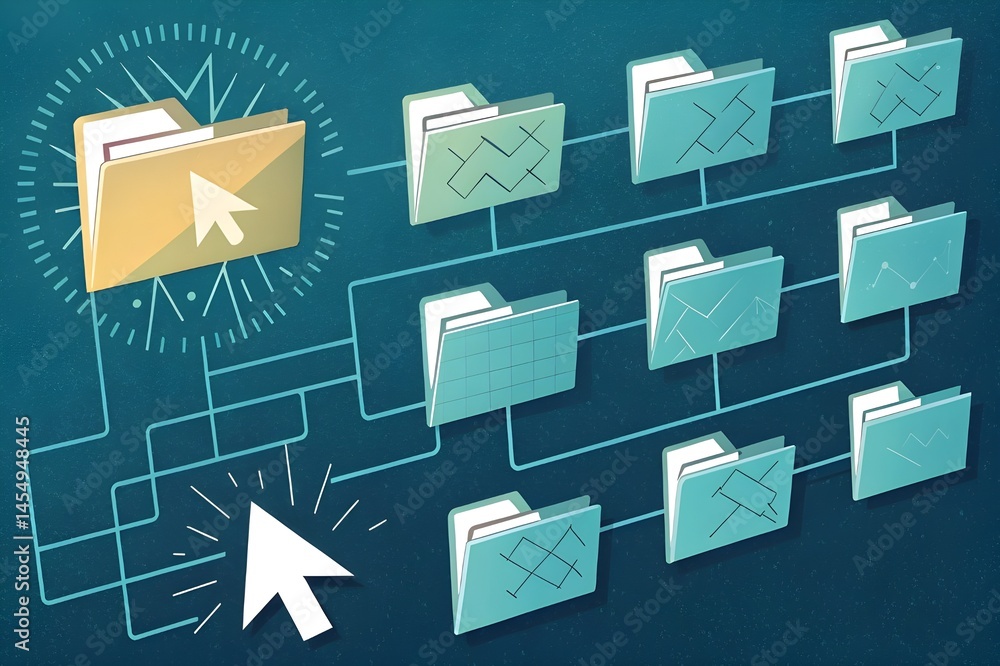 Poster digital file management illustration with cursor arrow and connected folders on dark background