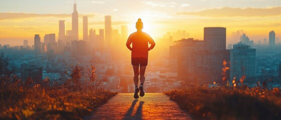 Athletic runner jogs vigorously towards a sunlit cityscape, embodying fitness and determination.