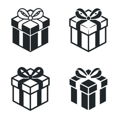 Four isometric gift box icons with ribbon bows present graphic design elements