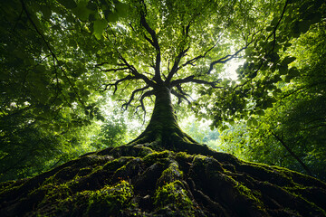 Naklejka premium A majestic tree reaches towards the sky. This image is perfect for environmental campaigns or artistic projects depicting nature's strength and beauty.