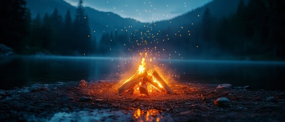 Campfire burns brightly with sparkling embers alongside calm lake surrounded by mountains and forest at dusk, offering warmth, light, and tranquil nature scene.