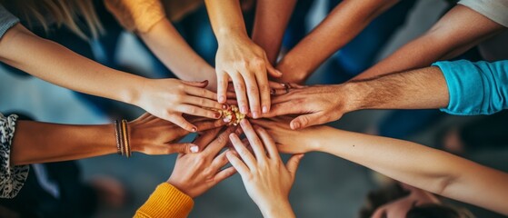 Diverse group expresses unity, placing hands together in collaborative gesture, showing teamwork and support.