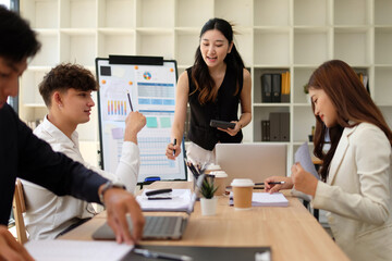 Businesswoman giving a focused presentation about marketing research