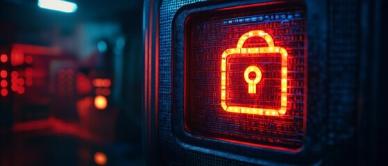 Obraz premium Electronic padlock glows red on security screen signifying data protection network safety digital privacy, creating cyberpunk atmosphere.