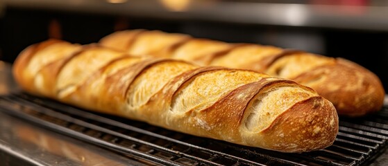 Two crusty baguettes rest on cooling rack after emerging from oven, inviting consumption.