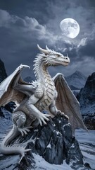 Fototapeta premium Majestic white dragon on snowy peak under full moon in dramatic night sky