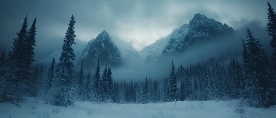 Snowy mountains stand majestically amidst evergreen trees, creating a serene wintry landscape.