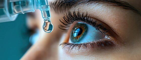 Young adult woman receives eye drops from an eyedropper to hydrate her eye.