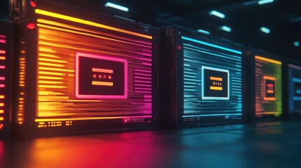 Futuristic glowing data display units.  Rows of colorful,  technological display panels with neon lighting and complex design,  suggesting advanced computing or networking systems